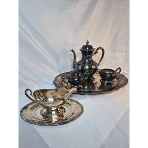 Vintage Silver-Plated Coffee/Tea Pot Creamer Sugar Set With Serving Tray & Gravy